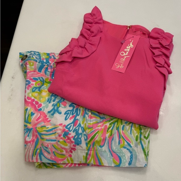 Lilly Pulitzer Women’s Outfit Callahan Shorts Sz 2 & Pink Ruffle Top XXS - Picture 1 of 15